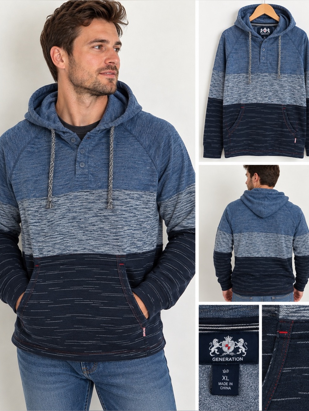Men’s blue Black Colorblock Hooded Pullover Sweatshirt XL - Picture 2 of 6